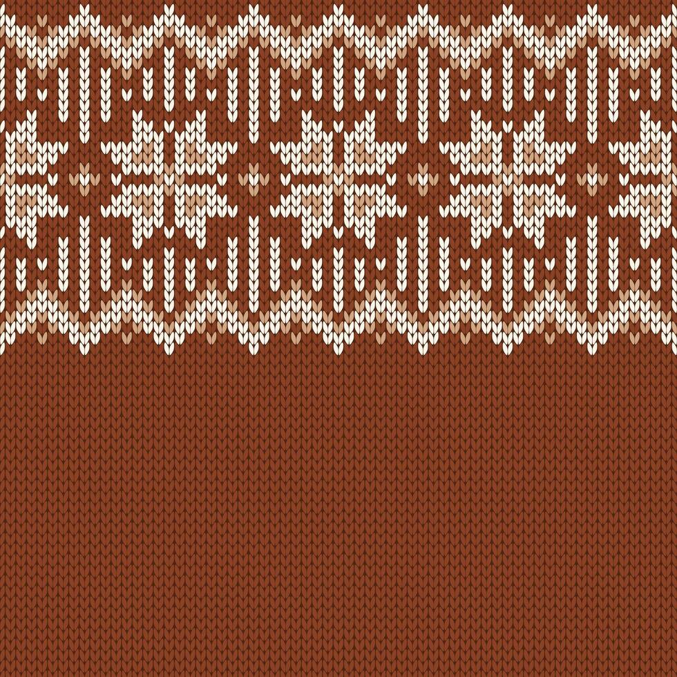 Knitwear texture. Template with empty place for text. Traditional seasonal seamless background for holiday design. Winter knitted wool sweater pattern with snowflakes in brown and white vector