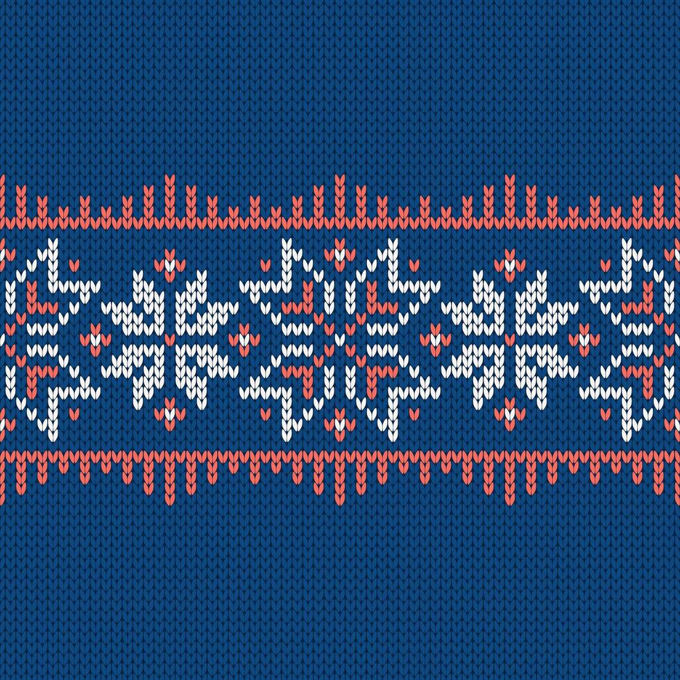 Scandinavian knitted seamless pattern. Norwegian native style sweater, ornament with snowflakes. Fair Isle design. Wool texture. Winter holiday background, red blue vector