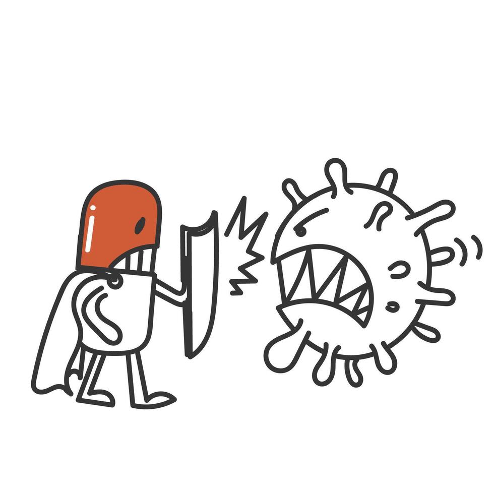 a cartoon medicine character is fighting with a virus vector