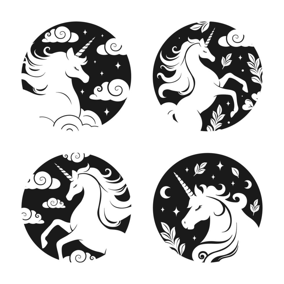 Unicorn silhouette in a circle stamp set. Fantasy magical horse product design t shirt sticker print. vector