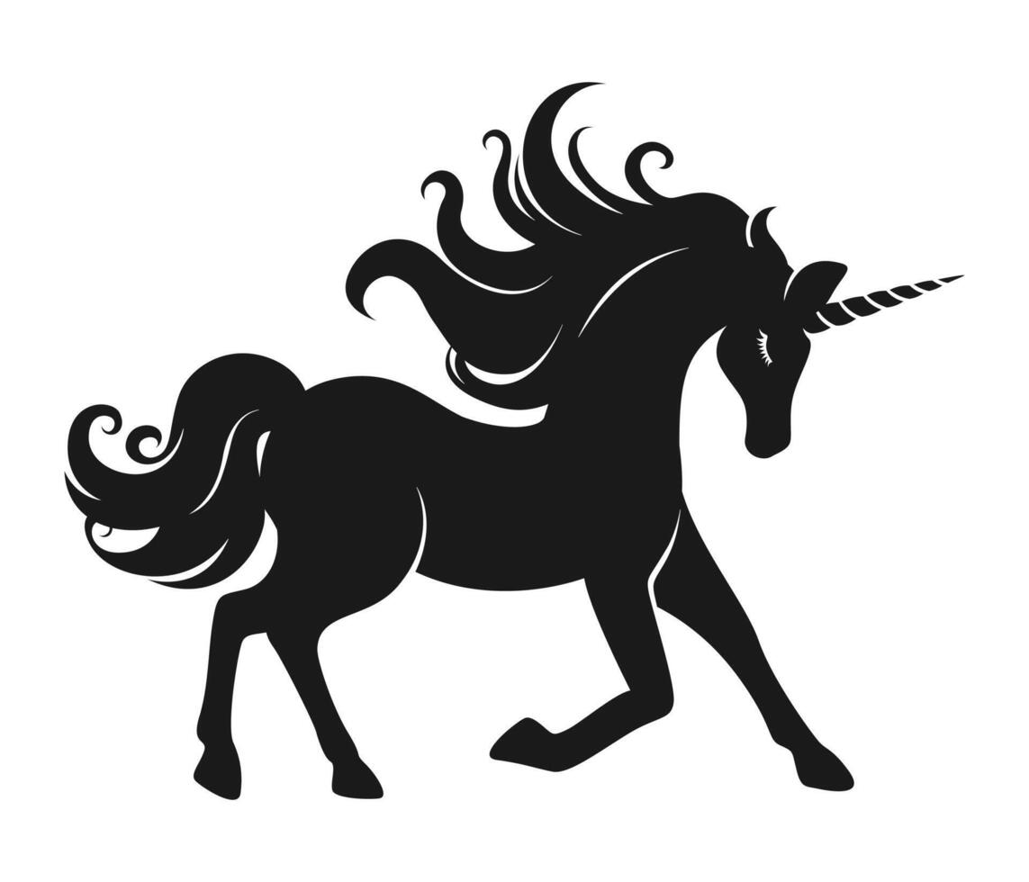 Unicorn charging silhouette. Fantasy magical mystic horse tattoo design. Product design t shirt print. vector