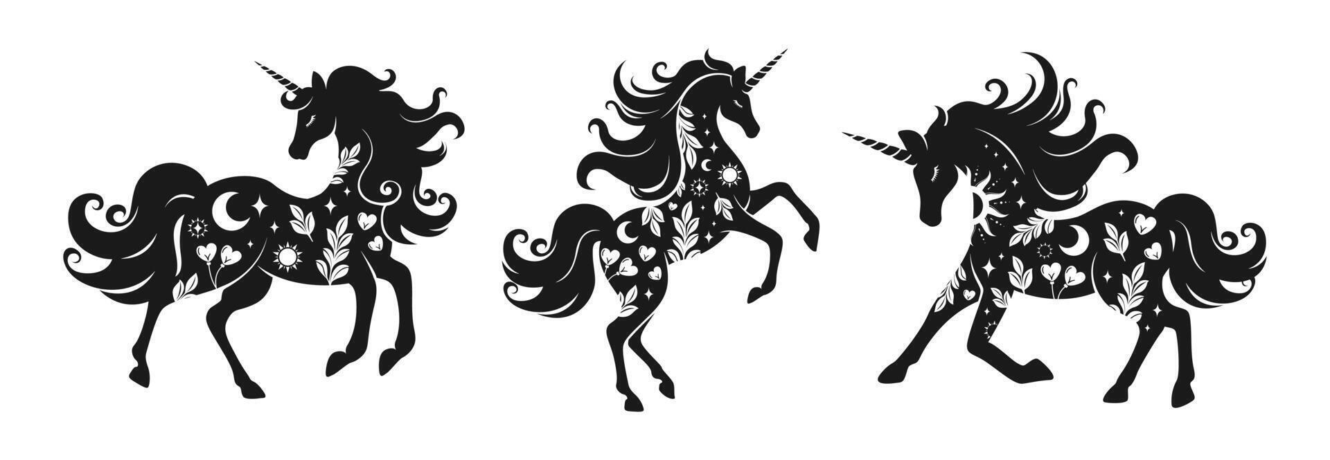 Unicorn silhouette with graphic elements set. Fantasy magical mystic horse tattoo icon clipart set. Product design t shirt print. vector