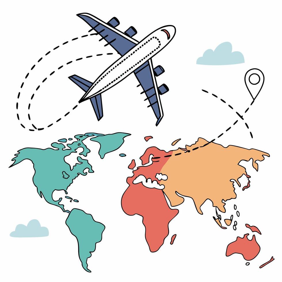 Airplane Flying Over World Map Pastel Travel Illustration. vector