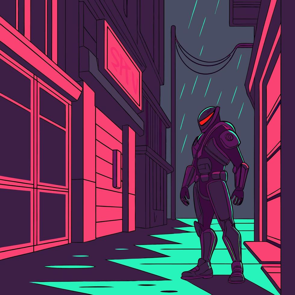 Futuristic Armored Figure in Neon Alleyway Cyberpunk Rain Art. vector