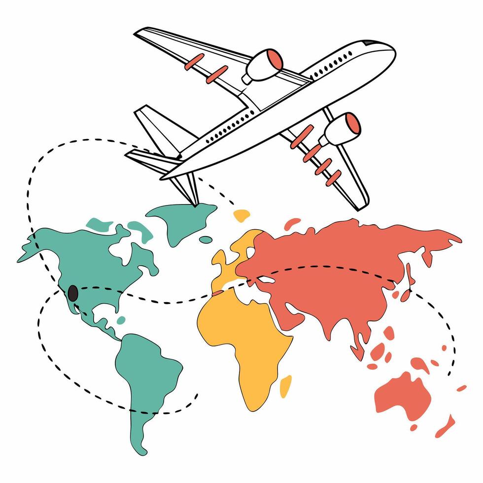 Airplane Flying World Map Colorful Travel Illustration. vector