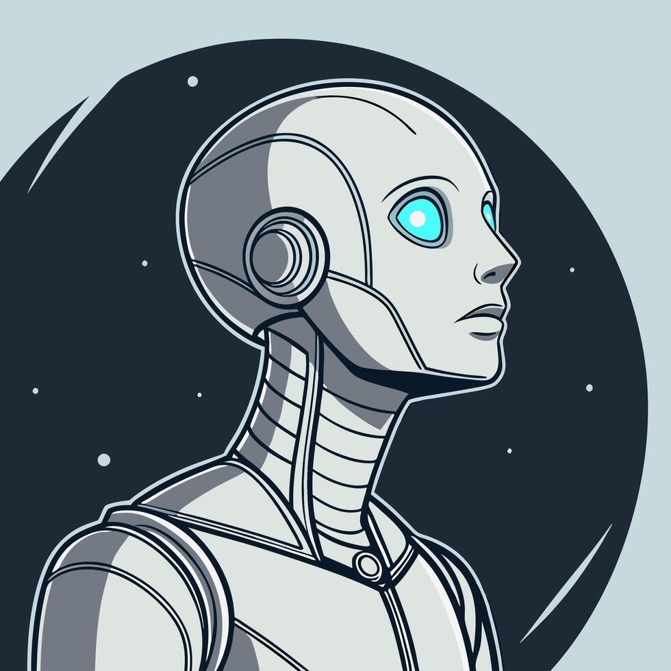 Elegant Female Robot Silver Metallic AI Profile, Cyan Glowing Eyes. vector