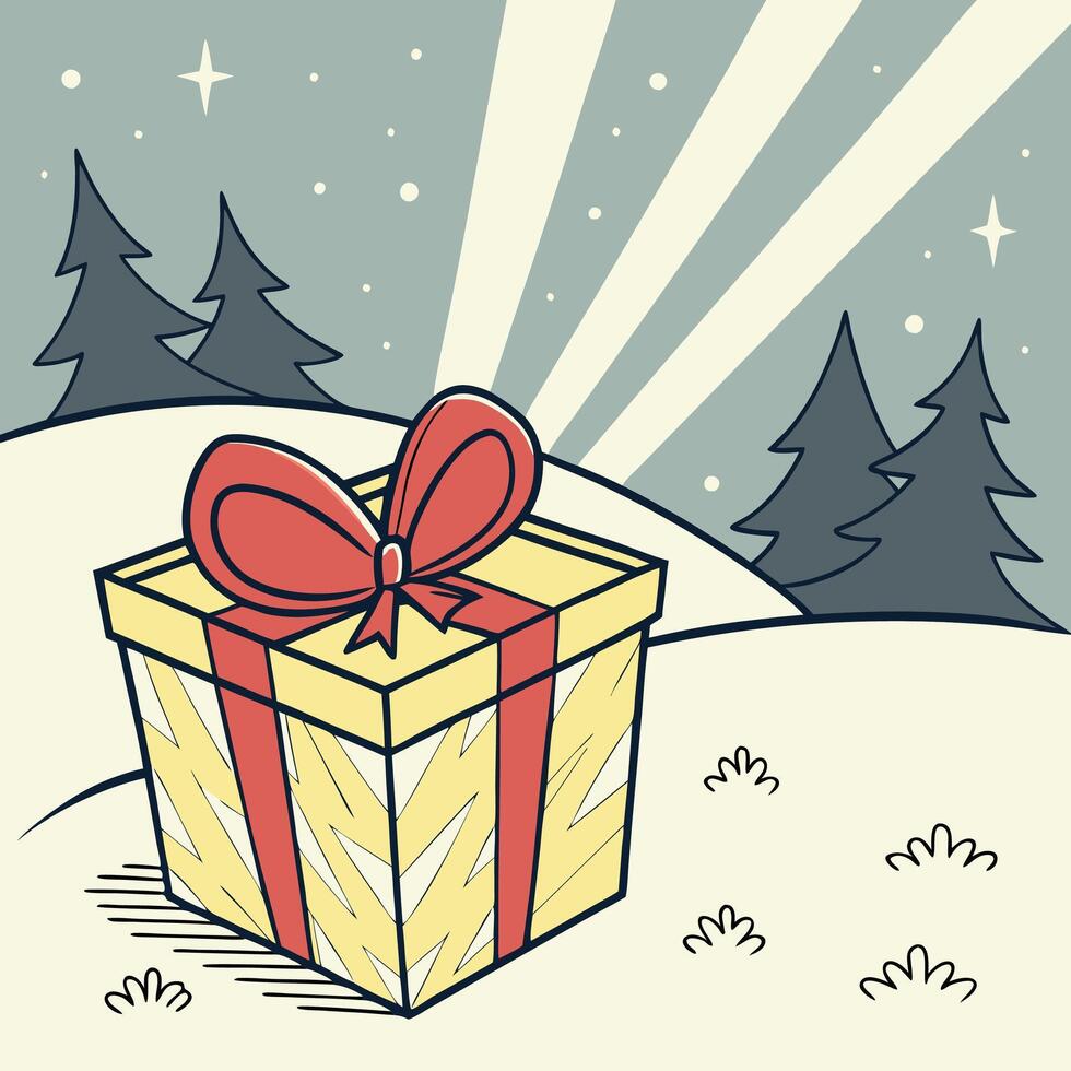 Retro Christmas Gift Box Illustration Yellow, Red Ribbon. vector
