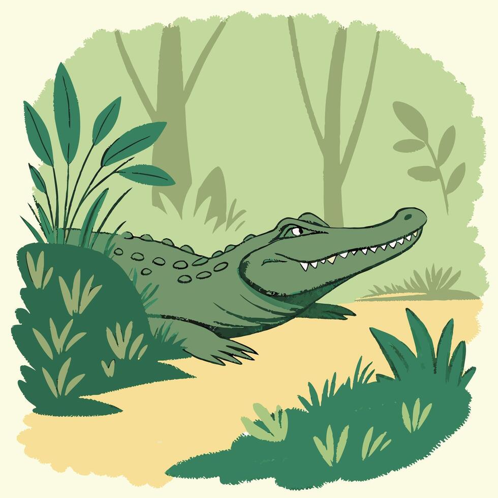 Alligator in Swamp, Green Reptile Illustration, Detailed Nature Scene. vector