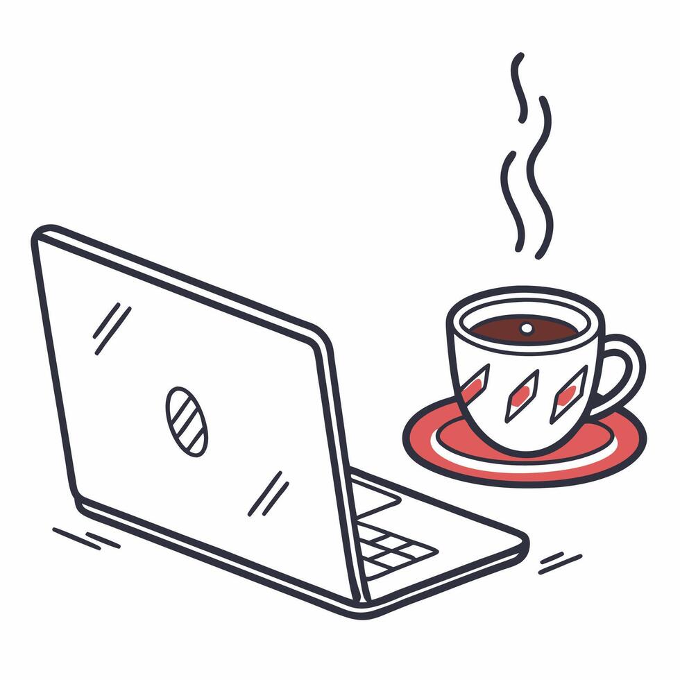 Laptop and Coffee Modern Workspace Illustration Geometric Design. vector