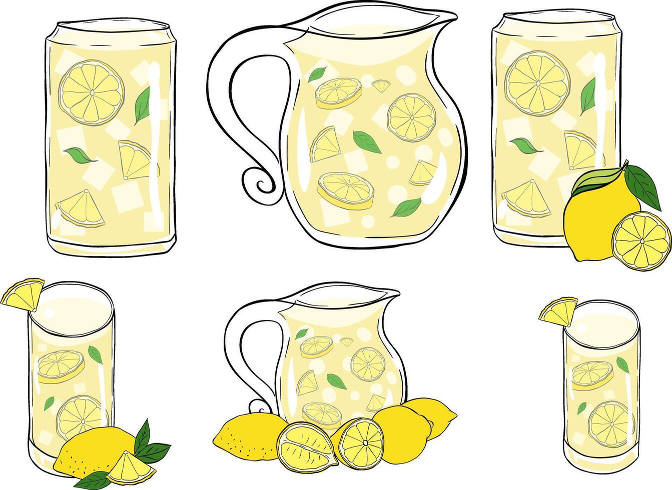 Lemonade with fruit slices isolated set. Fresh citrus, half sliced lemons and chopped lemon. Graphic line ink illustration icons set on white For logo, web, package, sticker. vector