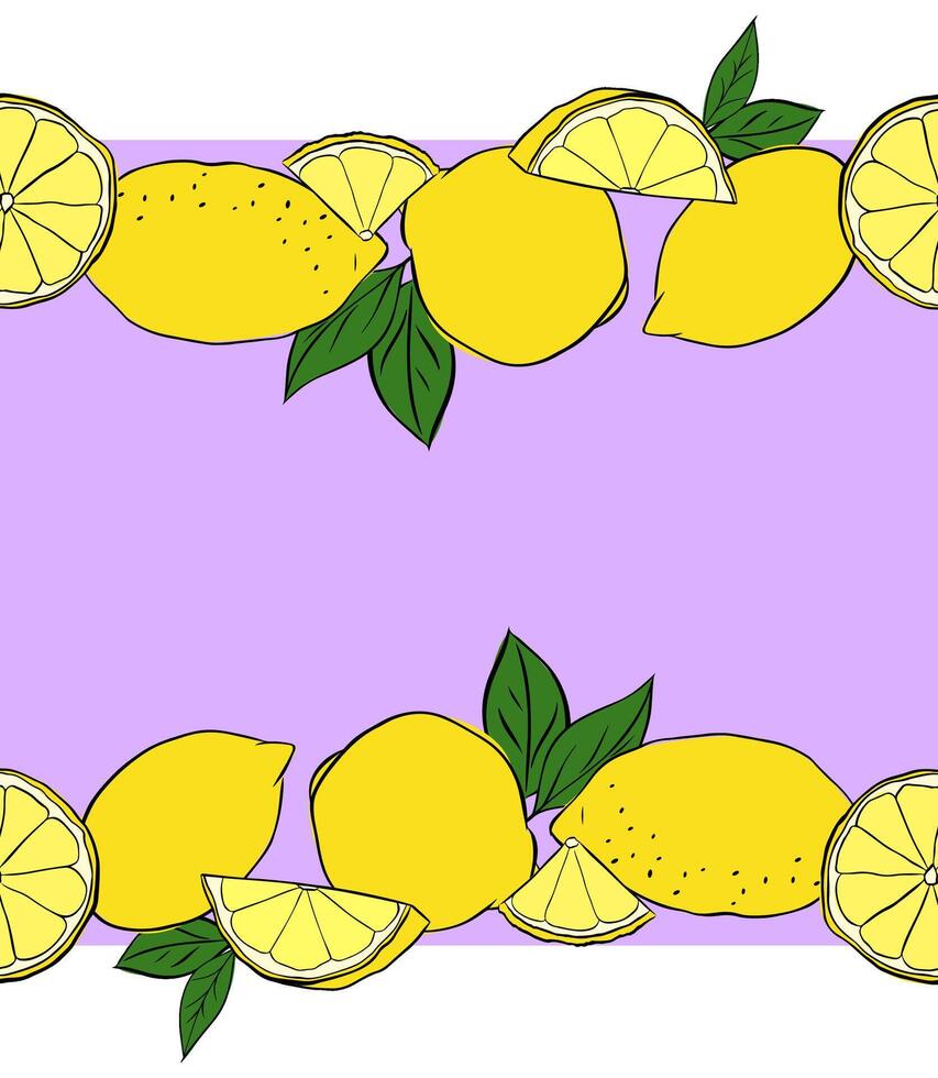Lemons whole, slices and leaves horizontal seamless border frame background. Yellow colored graphic line ink illustration. Sample poster, party invitation, holiday banner, postcard. vector