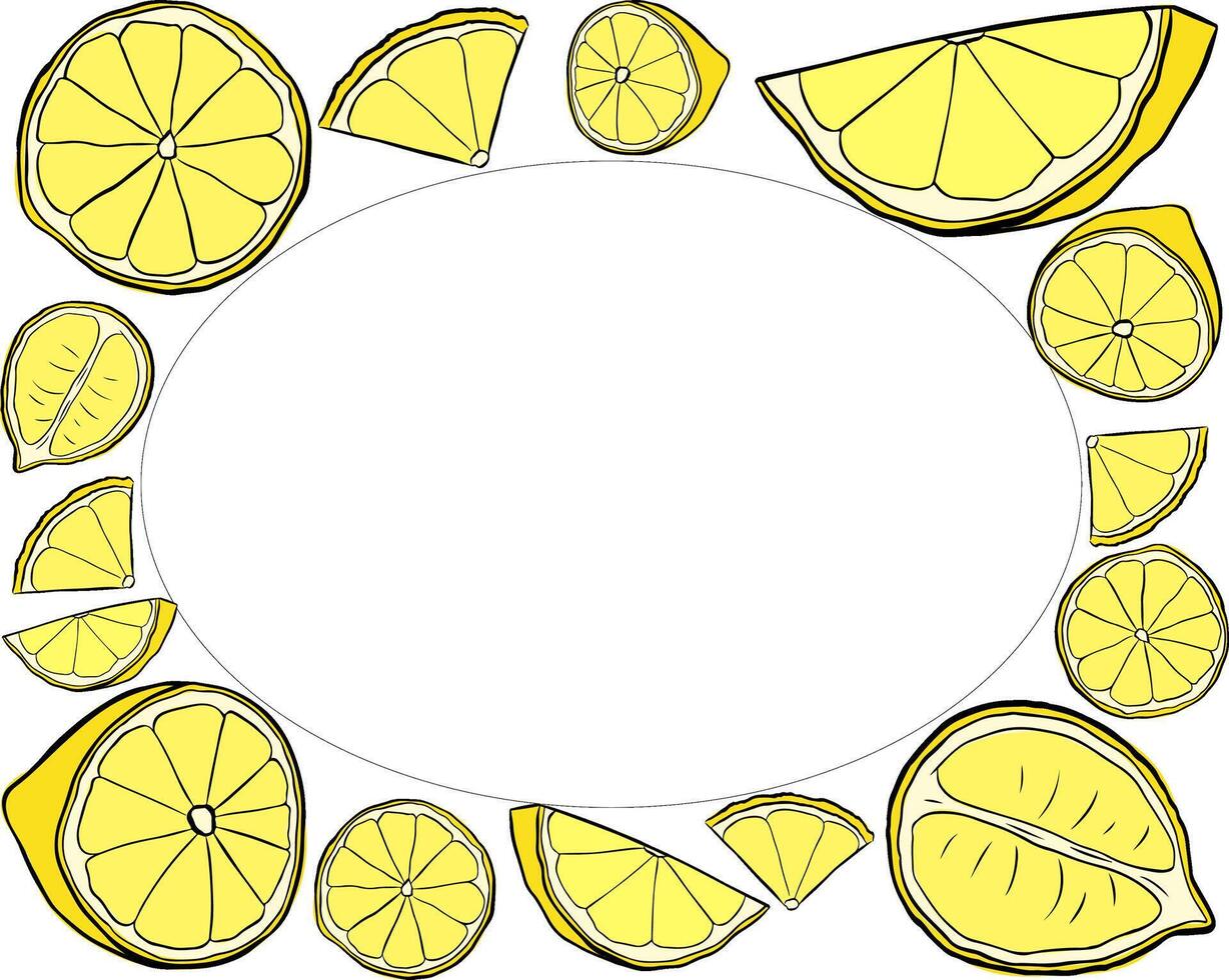 Yellow lemon slices rectangle frame. graphic line ink text frame templates. Design for menu, package, cosmetic, textile. vector