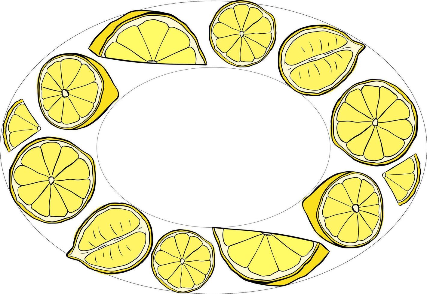 illustration of lemon slices oval frame. Graphic line yellow ink template on transparent background. art for food design, recipe, cook book, packages, menu, food ads and decor vector