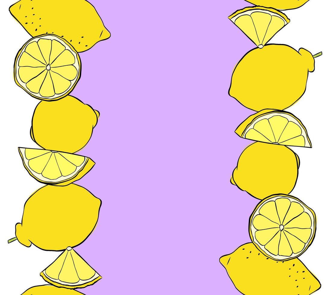 Lemons citric fruits whole and slices seamless horizontal border frame. Hand drawn graphic line ink yellow colored illustration. Ideal for menu, package, cosmetic, textile, cards vector