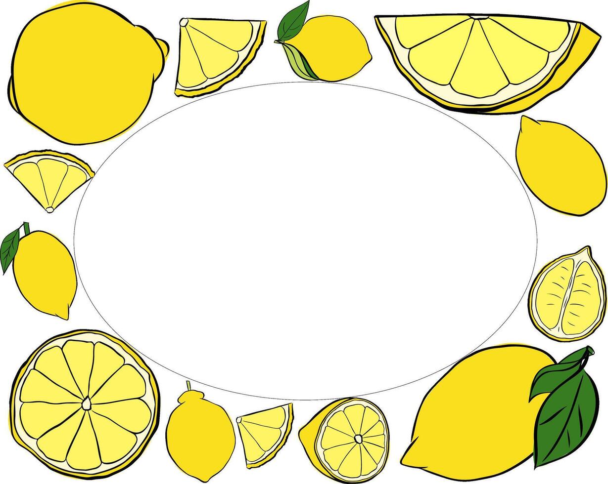 Yellow lemon whole and slices rectangle frame. graphic line ink text frame template. Sample poster, party invitation, holiday banner, postcard. vector