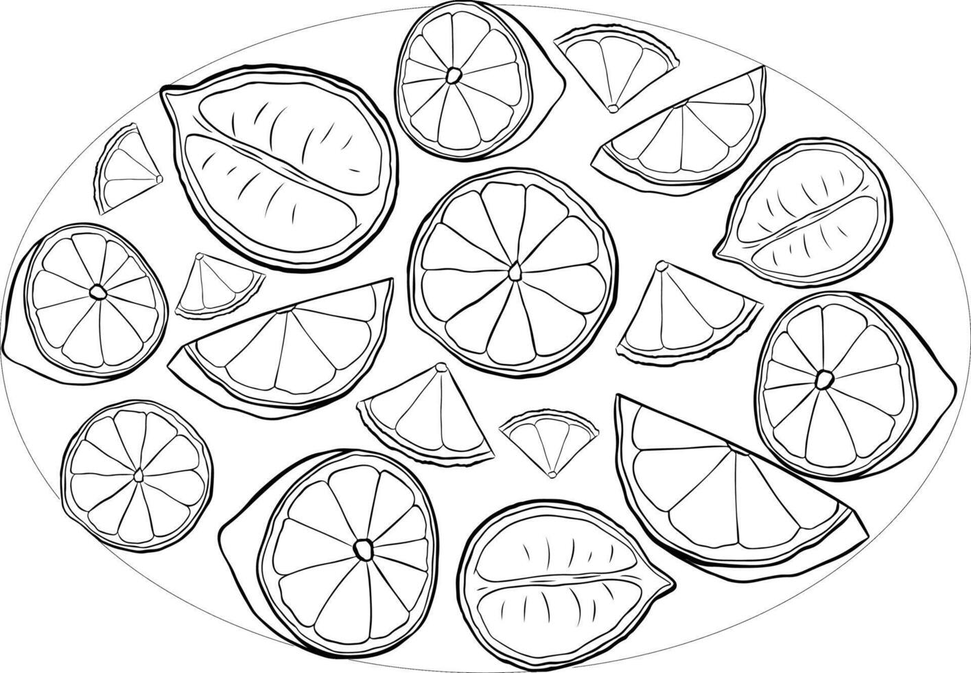 Lemon slices oval composition. black and white graphic line ink illustration for logo, package, kitchen design, fabric and textile. vector