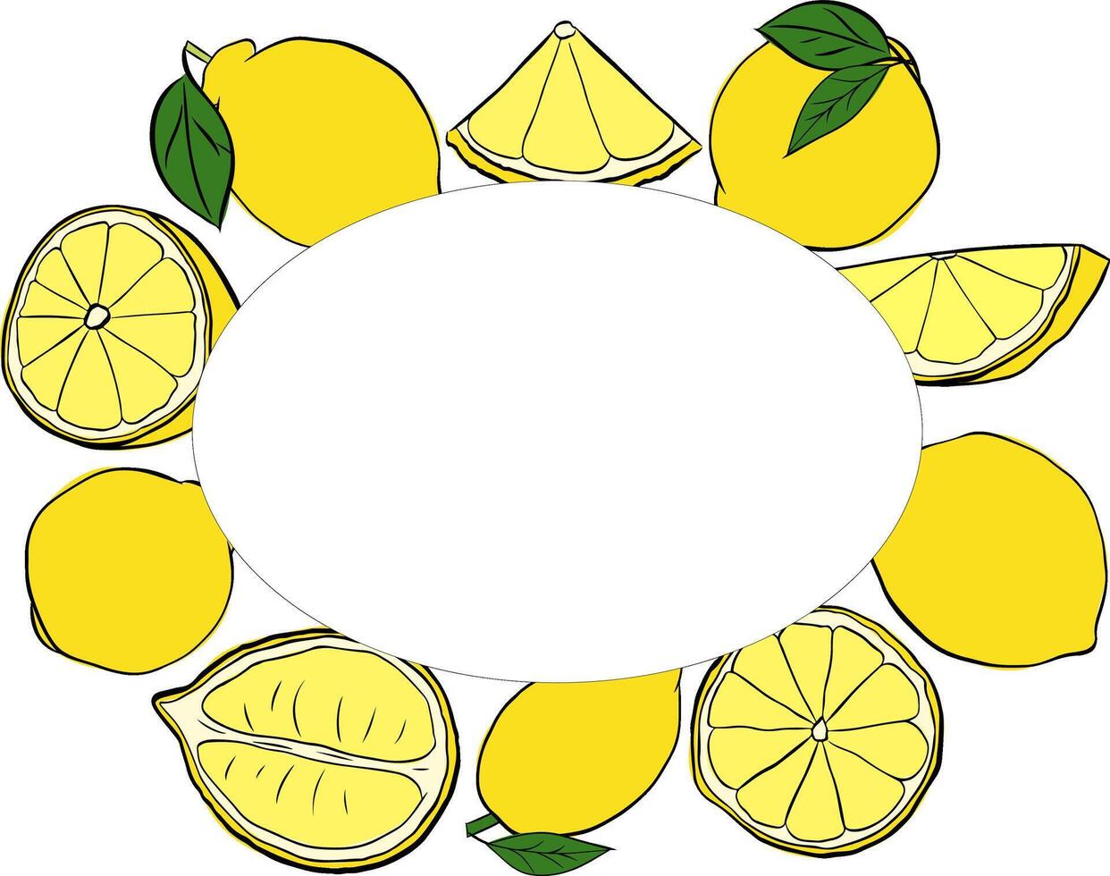 Lemon fruit and slices oval frame hand drawn design. graphic line ink illustration. Design, package, brochure illustration, packaging design and other. vector