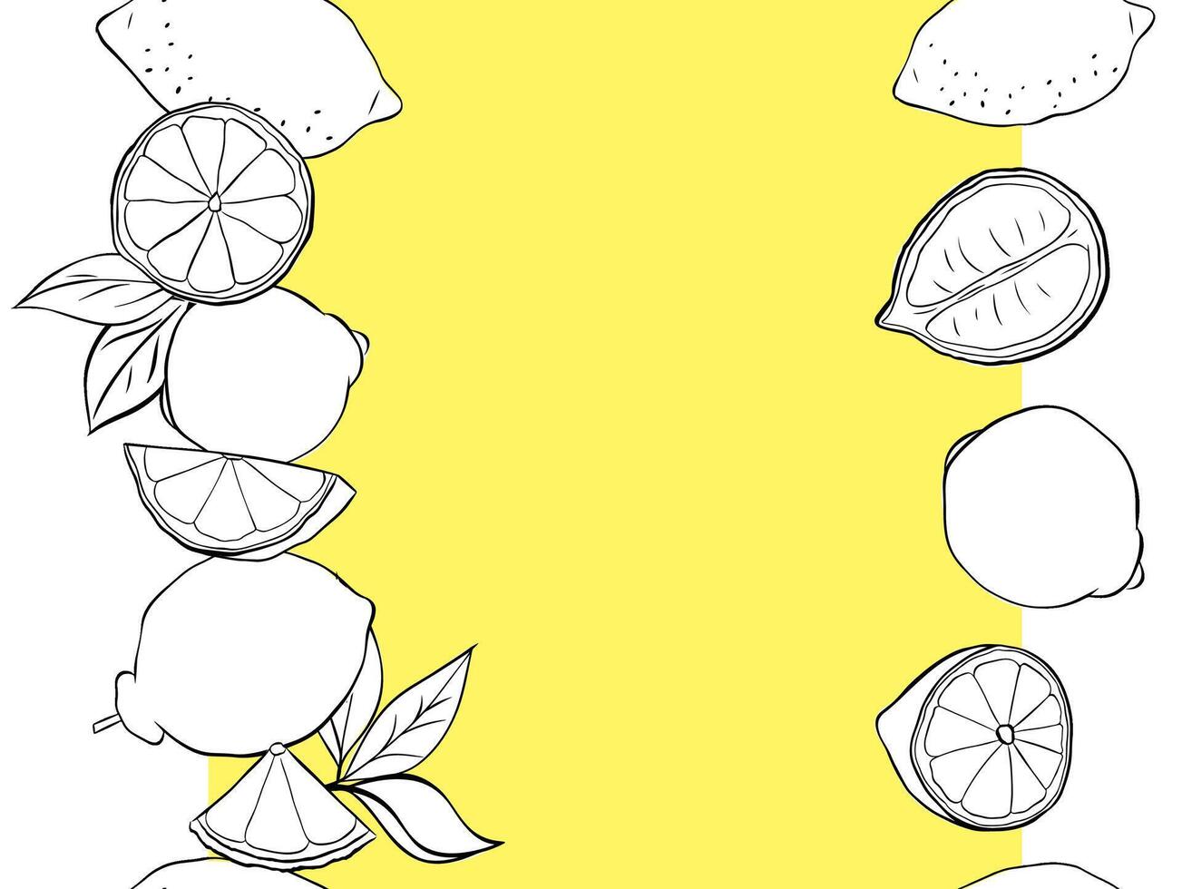 Lemons whole, slices and leaves seamless border frame background. black and white graphic line ink illustration. Sample poster, party invitation, holiday banner, postcard. vector