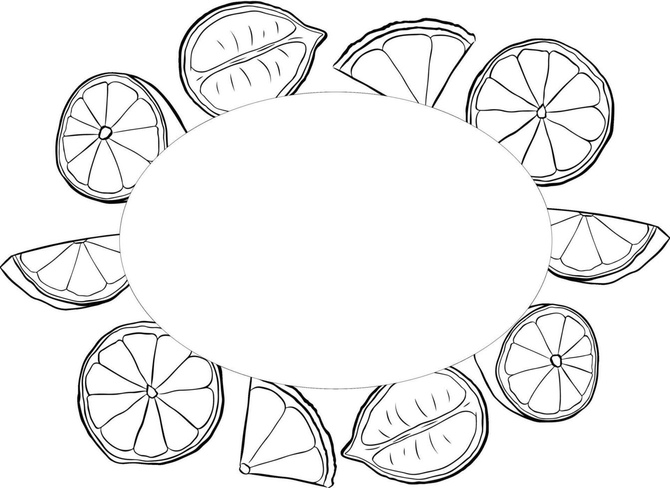 Lemon slice oval frame drawing. Hand drawn summer illustration. graphic line ink black and white illustration for packaging, tea, juice, natural cosmetics, lemonade vector
