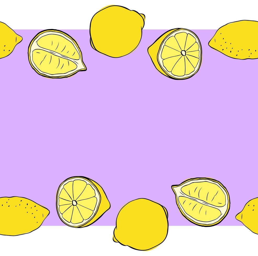 Lemons whole and cut seamless horizontal border frame. yellow colored Citrus lemons line graphic ink art. Design for menu, package, cosmetic, textile, package vector