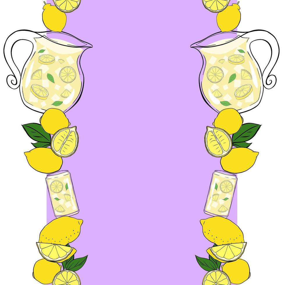 Lemonade with lemons whole and slices, green leaves seamless vertical border frame. yellow colored graphic line ink illustration. art for food design, recipe, cook book, packages, menu vector