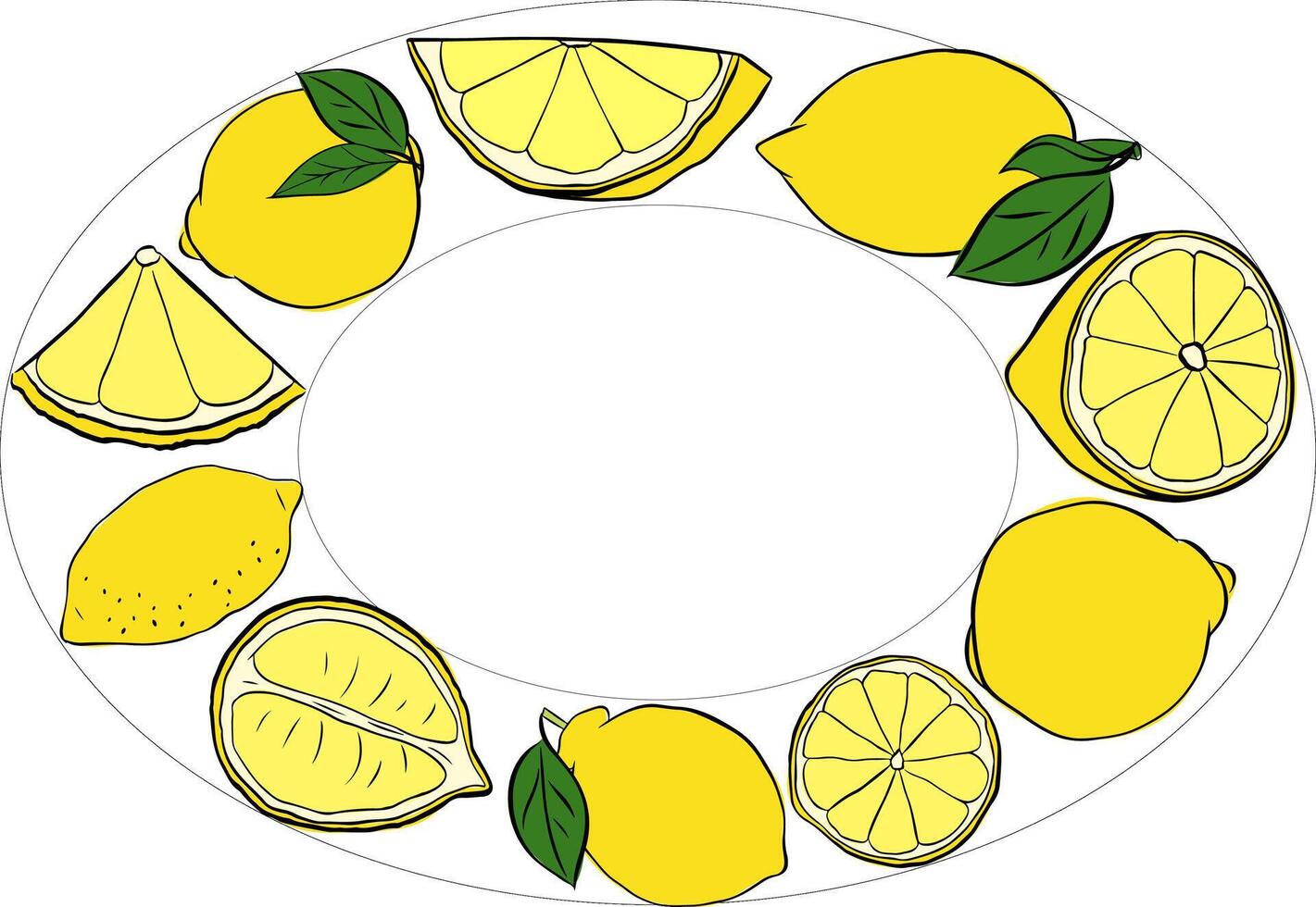 Oval Frame with lemon whole and slices green leaves. Graphic line ink yellow style, floral frames, invitation, party, wedding road signs. illustration. vector