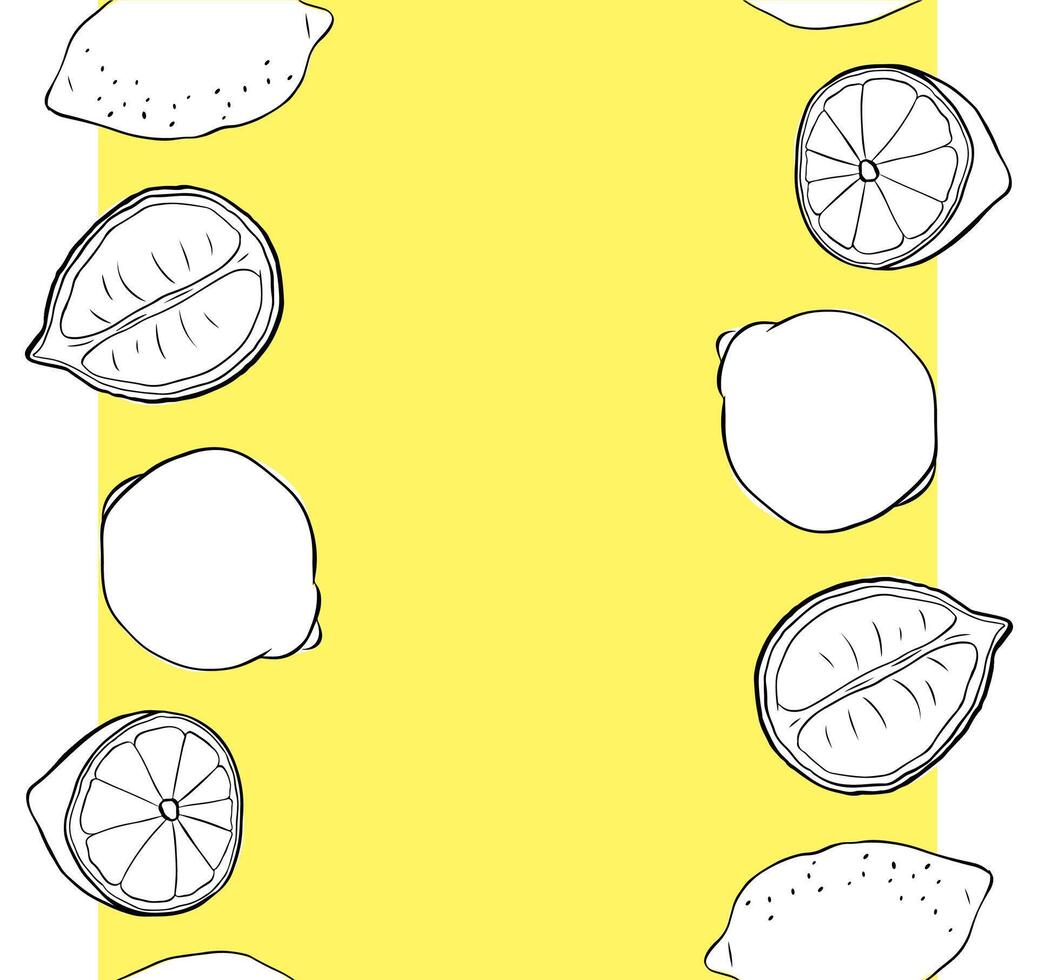 Lemons cut and whole seamless vertical border frame. Citrus lemons line black and white colored graphic ink art. art for food design, recipe, cook book, packages, menu, food ads and decor vector