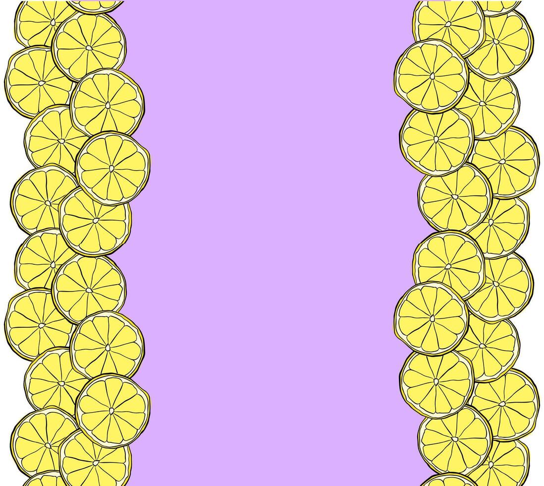 Lemon slices frame design with graphic line ink hand drawn horizontal seamless border. Yellow colored Design for menu, package, cosmetic, textile, package. vector