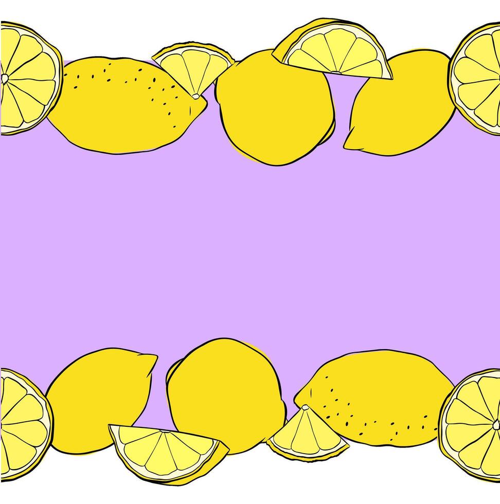 Lemons cut, slices and whole seamless horizontal border frame. Yellow colored Citrus lemons line graphic ink art. Template for food design, recipe, cook book, packages, menu, food ads vector