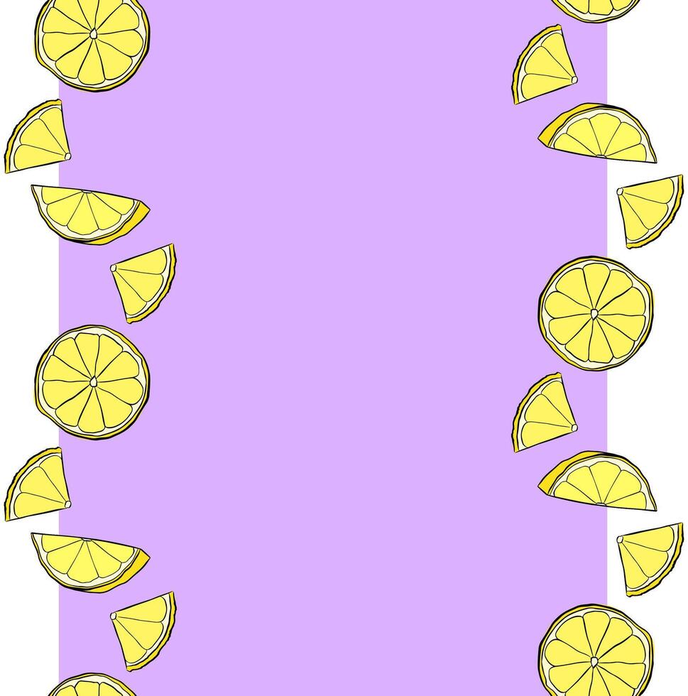 Citrus lemon slices vertical seamless border frame. graphic line ink yellow colored pattern background template. Design for menu, package, cosmetic, textile, package. vector
