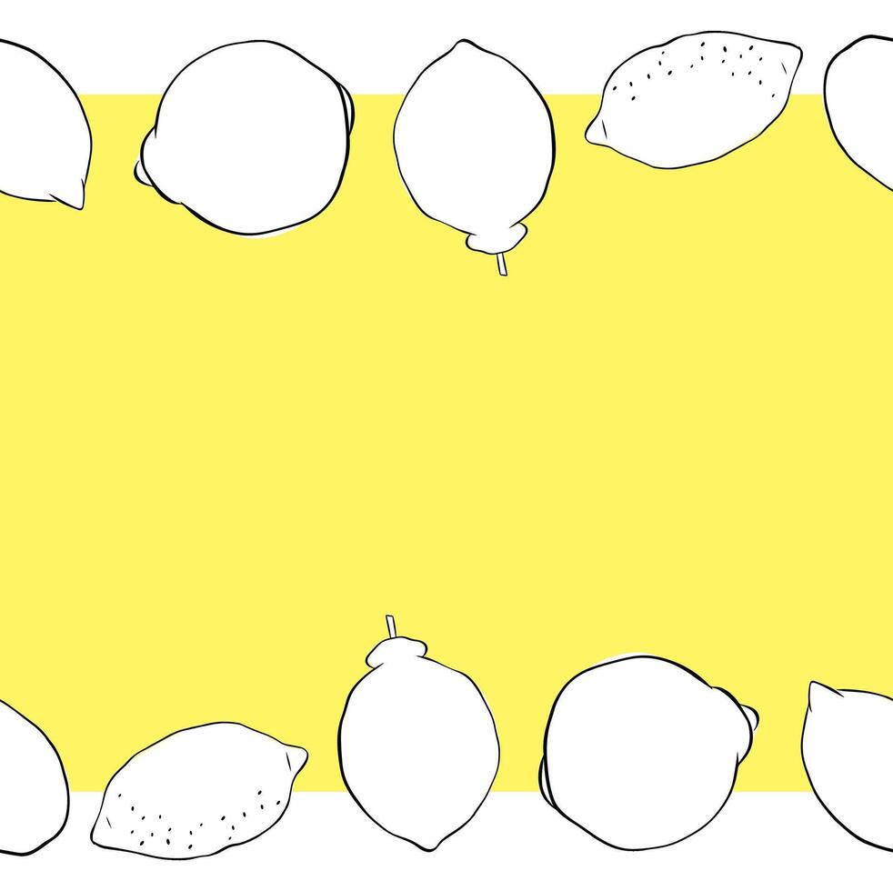 Lemon whole citric fruits seamless horizontal border frame. Hand drawn graphic line ink illustration. black and white Banner for menu, package, cosmetic, textile, cards vector
