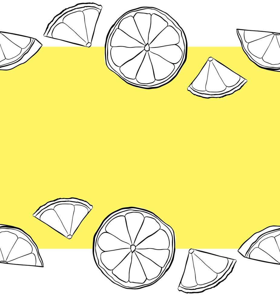 Citrus lemon slices horizontal seamless border frame. black and white colored graphic line ink pattern background border. Design for menu, package, cosmetic, textile, package. vector