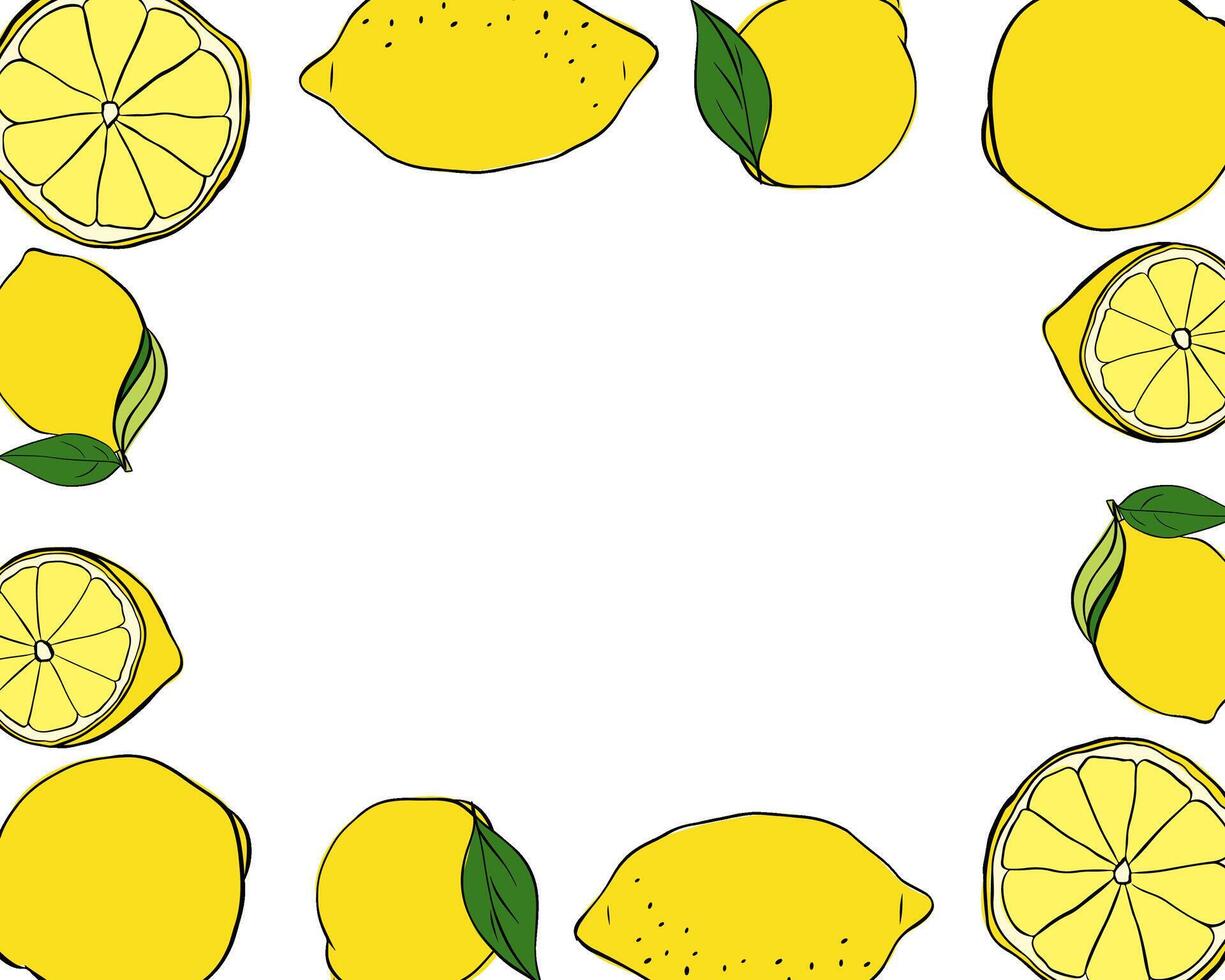 Lemons whole and slice rectangle frame. Bright summer template with yellow citrus fruits. graphic line ink illustration with empty space for text. Design for menu, package, cosmetic, textile. vector