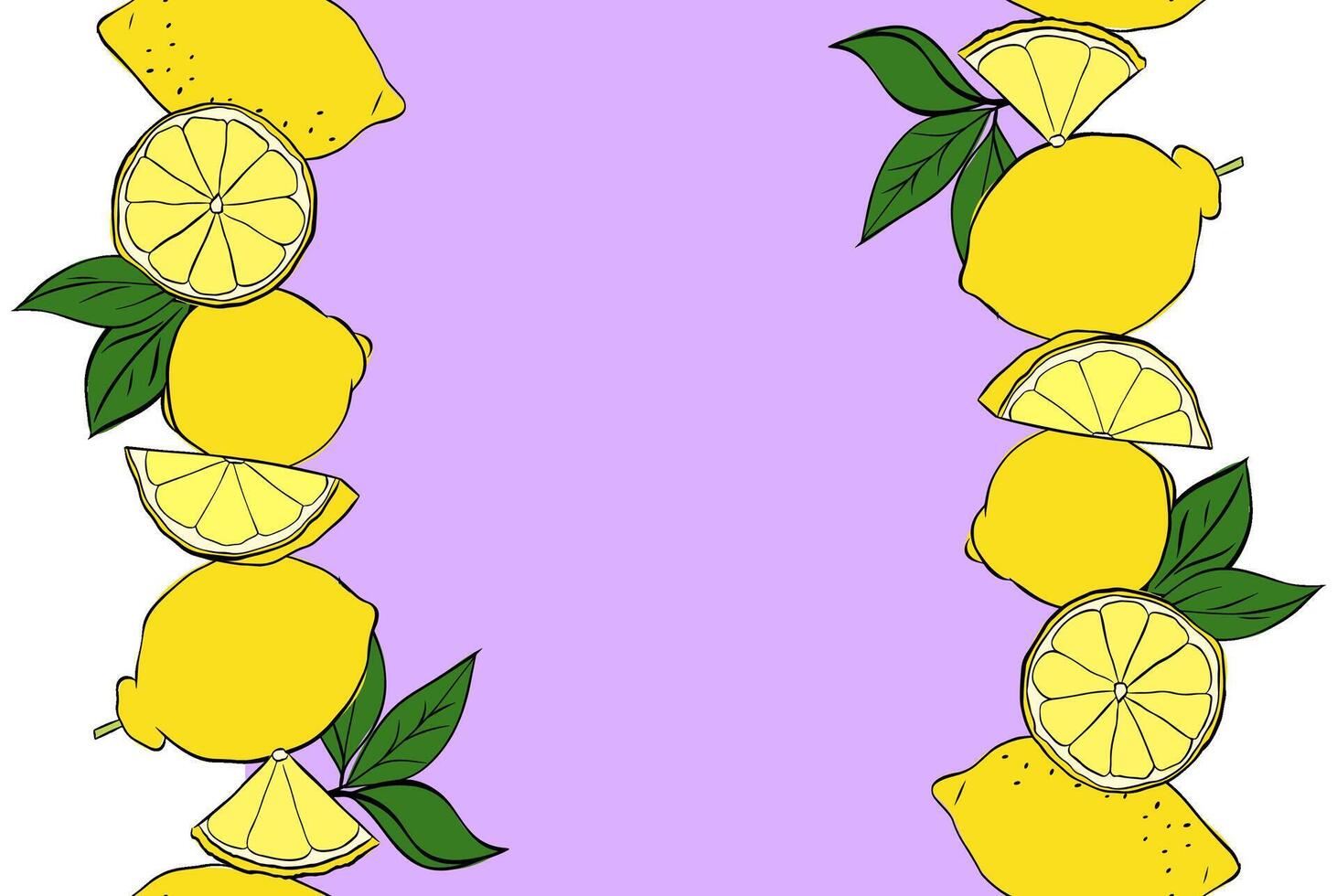 Lemons whole, slices and leaves Vertical seamless border frame background. yellow colored graphic line ink illustration. Sample poster, party invitation, holiday banner, postcard. vector