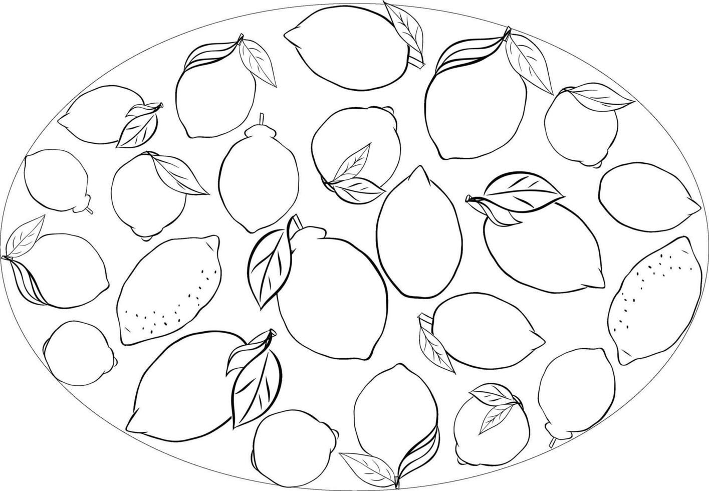 Yellow lemon with leaves oval composition. graphic line ink black and white illustration on transparent background. Banner, poster, logo, sticker, print, modern textile design. vector