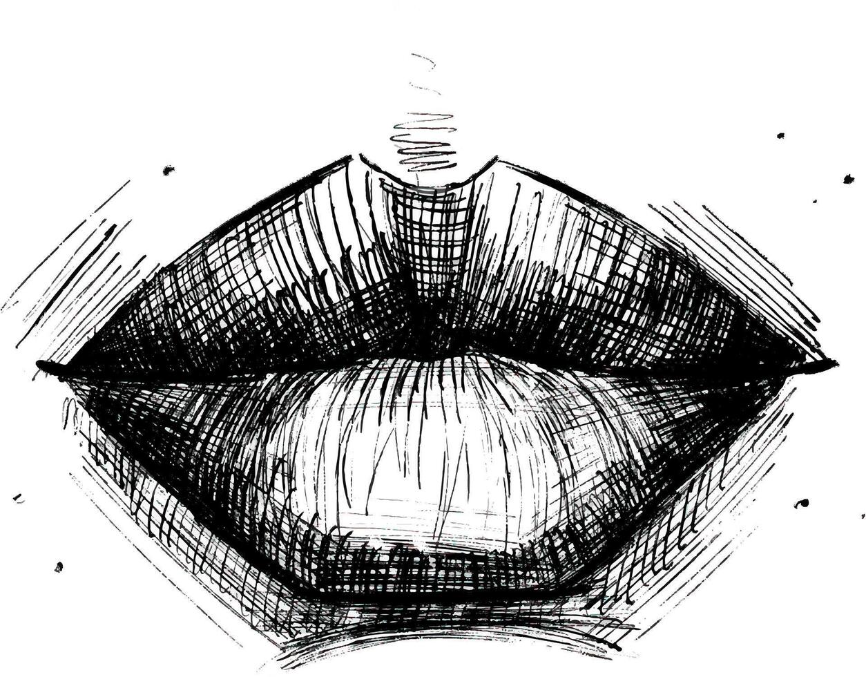 Hand drawn lips icon in graphic ink style. Woman mouth with lines. Monochrome design sense organs. illustration vector