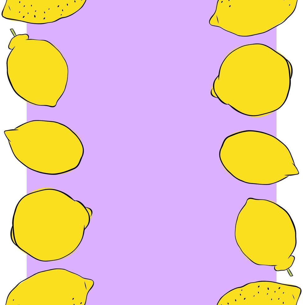 Lemon whole fruit seamless vertical border frame isolated on transparent background. graphic line ink yellow colored illustration. art for food design, recipe, cook book, packages, menu vector