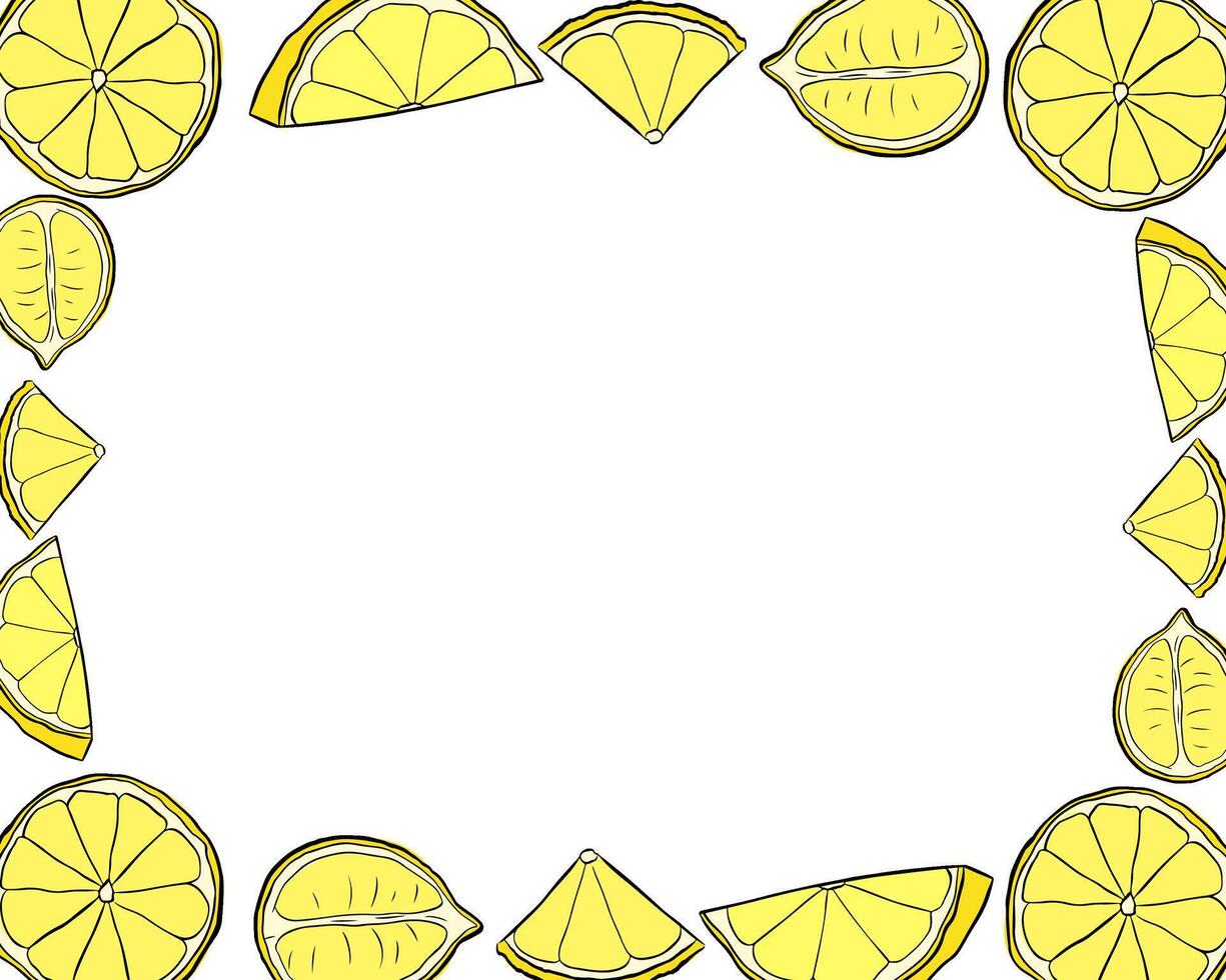 Lemons slice rectangle frame. yellow template with citrus fruits. graphic line ink illustration with empty space for text. Ideal for menu, package, cosmetic, textile, cards vector