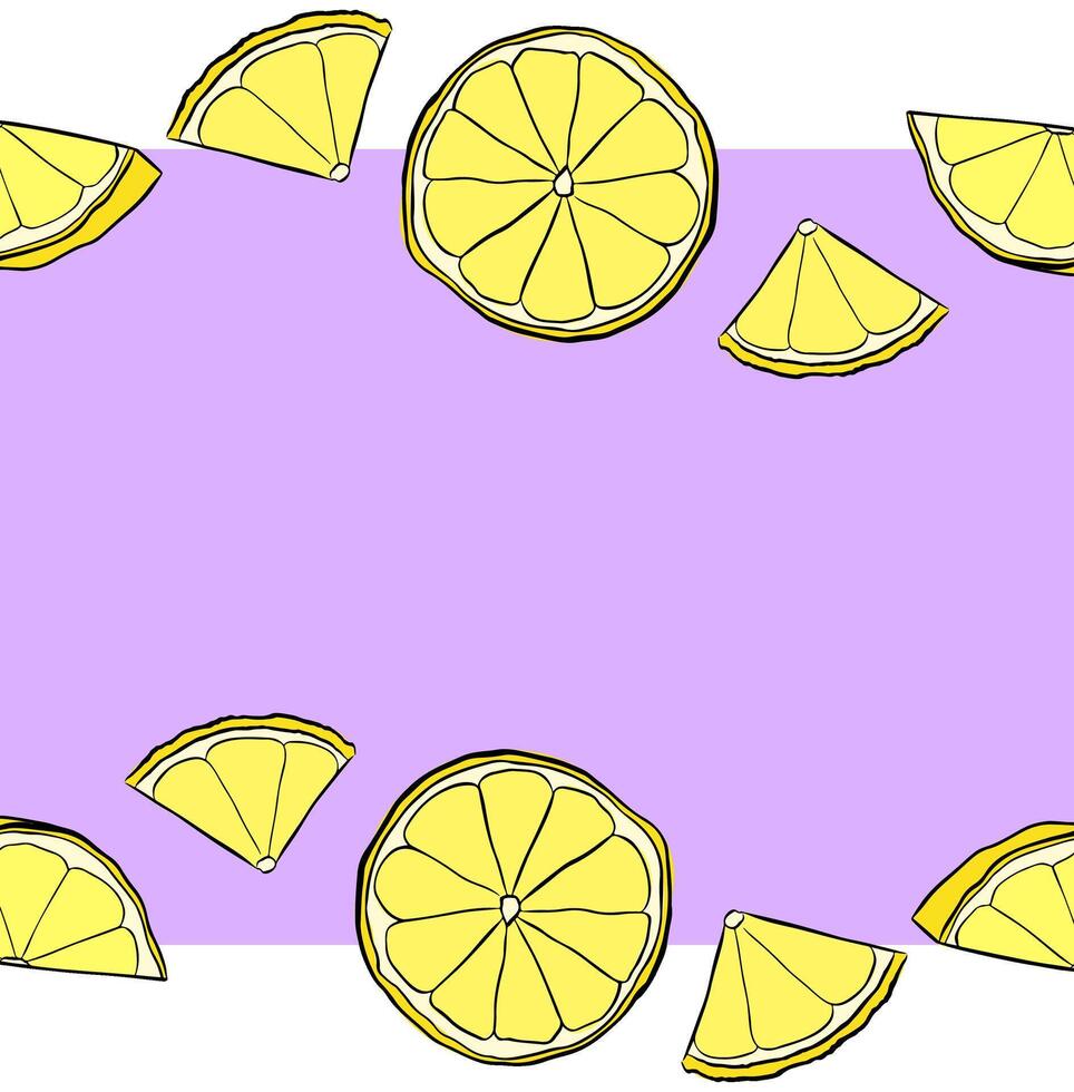Citrus lemon slices horizontal seamless border frame. Yellow colored graphic line ink pattern background border. Design for menu, package, cosmetic, textile, package. vector