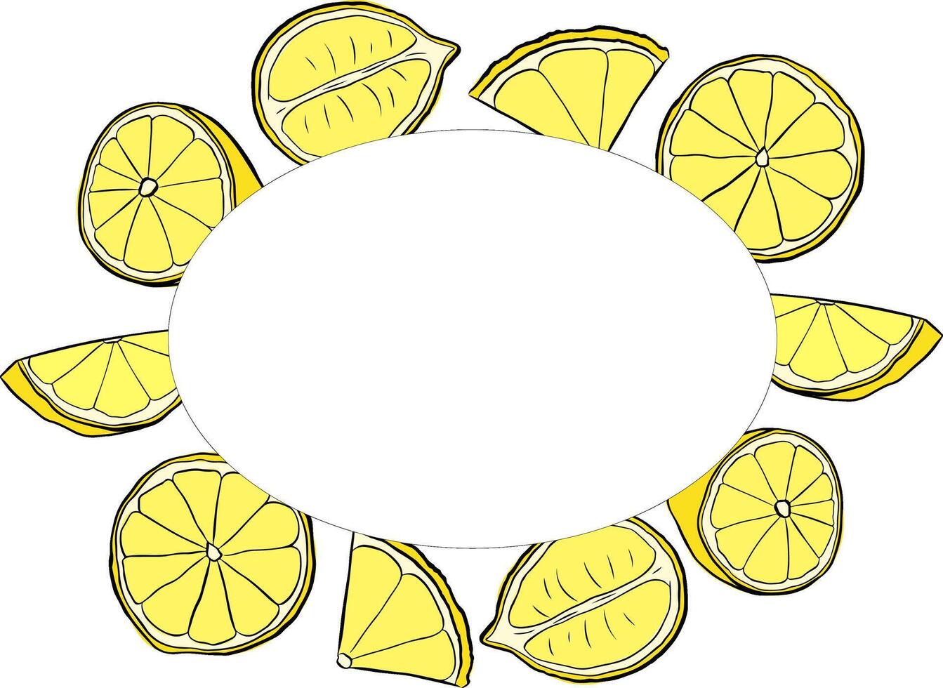 Lemon slice oval frame drawing. Hand drawn summer illustration. graphic line ink yellow illustration for packaging, tea, juice, natural cosmetics, lemonade vector
