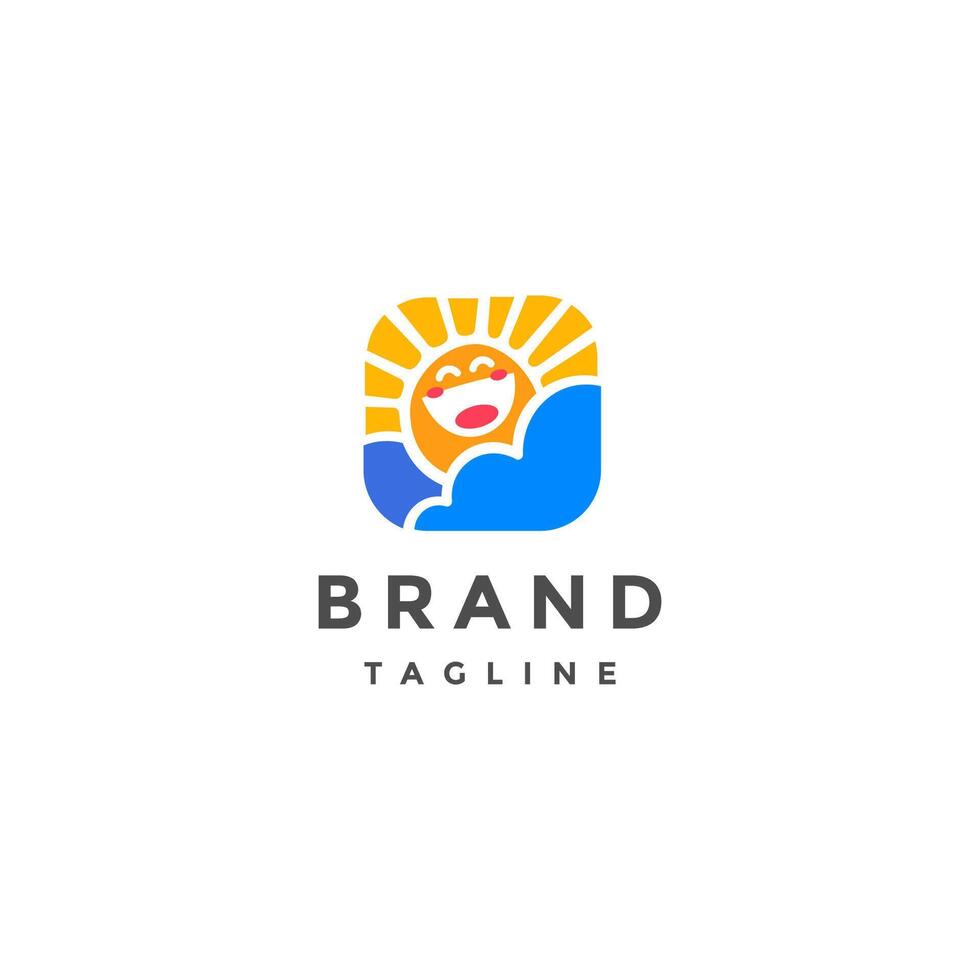 Cute Sun Laughing Happily Behind Clouds Logo Design. Sun Shines Laughing Among Clouds Logo Design. vector