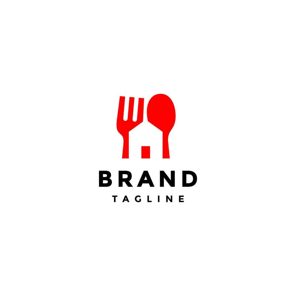 House Silhouette Between Spoons and Forks Logo Design. Red Spoons and Forks Flank House Icon Silhouette Logo Design. vector