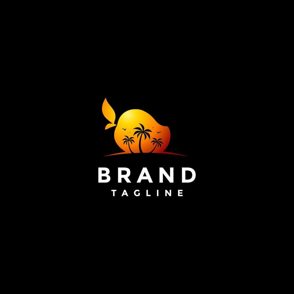 Beauty Golden Mango Beach Logo Design. Coconut Tree and Bird Silhouette in Ripe Golden Mango Logo Design. vector