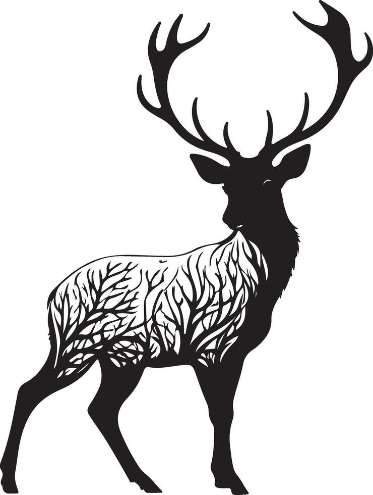 a black and white silhouette of a deer with branches vector