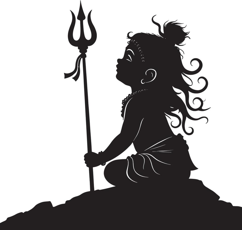black and white silhouette of a little hindu boy with a trident vector