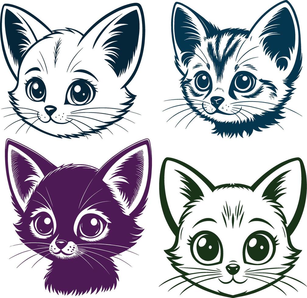 set of cute kittens head illustration vector