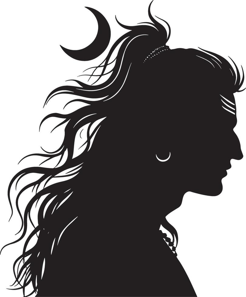 the silhouette of a woman with long hair and a moon in her hair vector