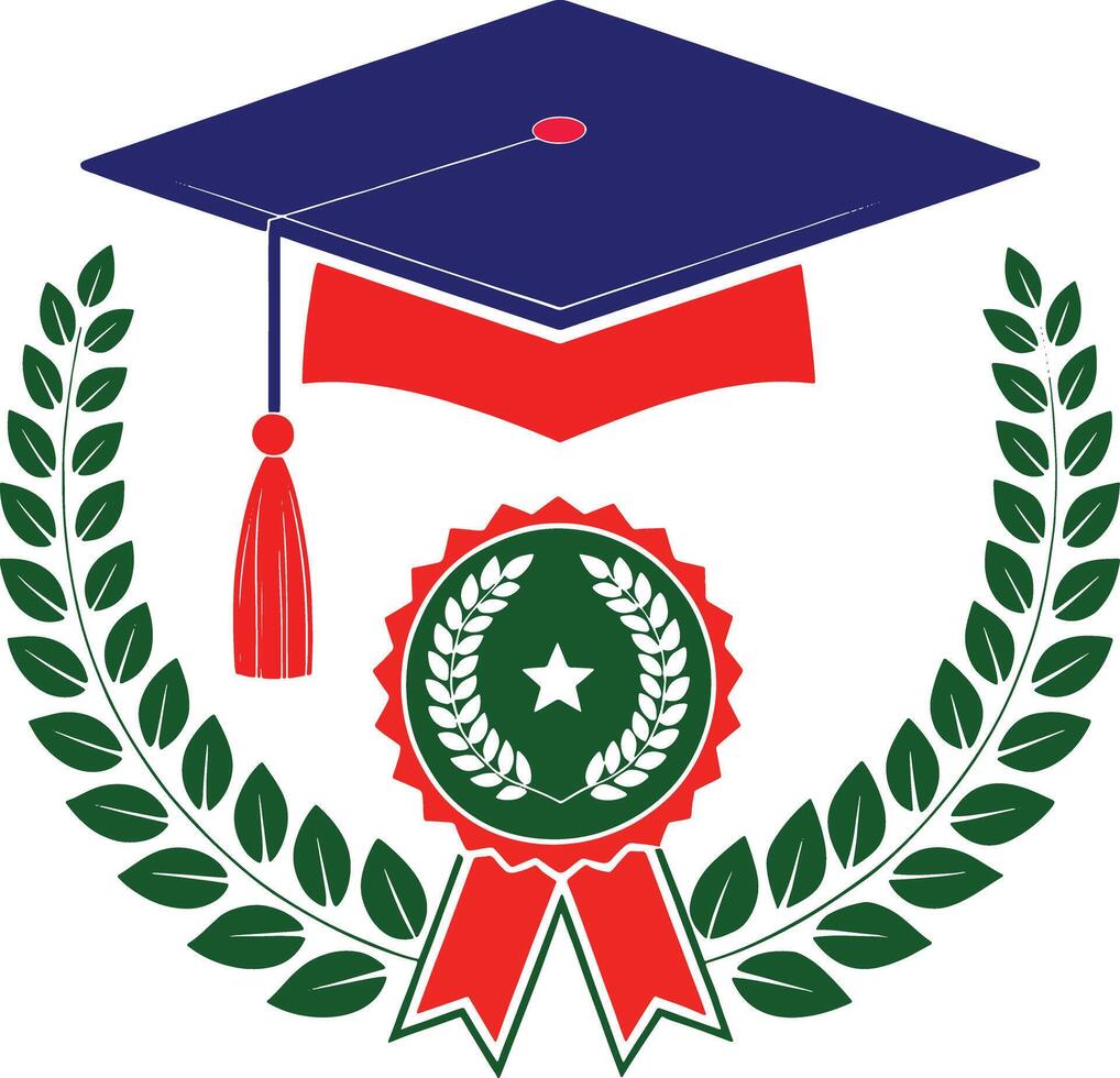 a graduation cap and laurel wreath with a ribbon vector