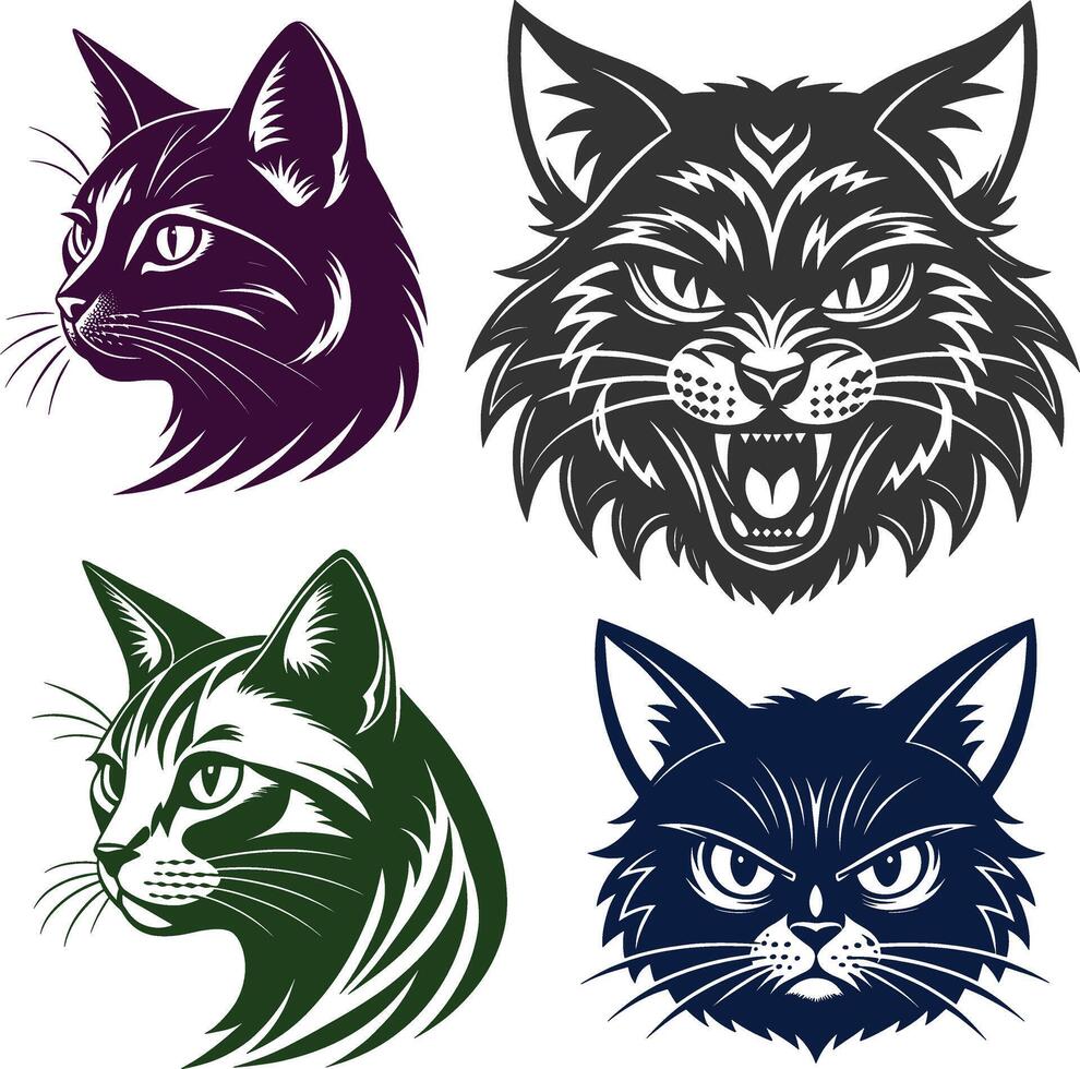four different cat head designs with different colors vector