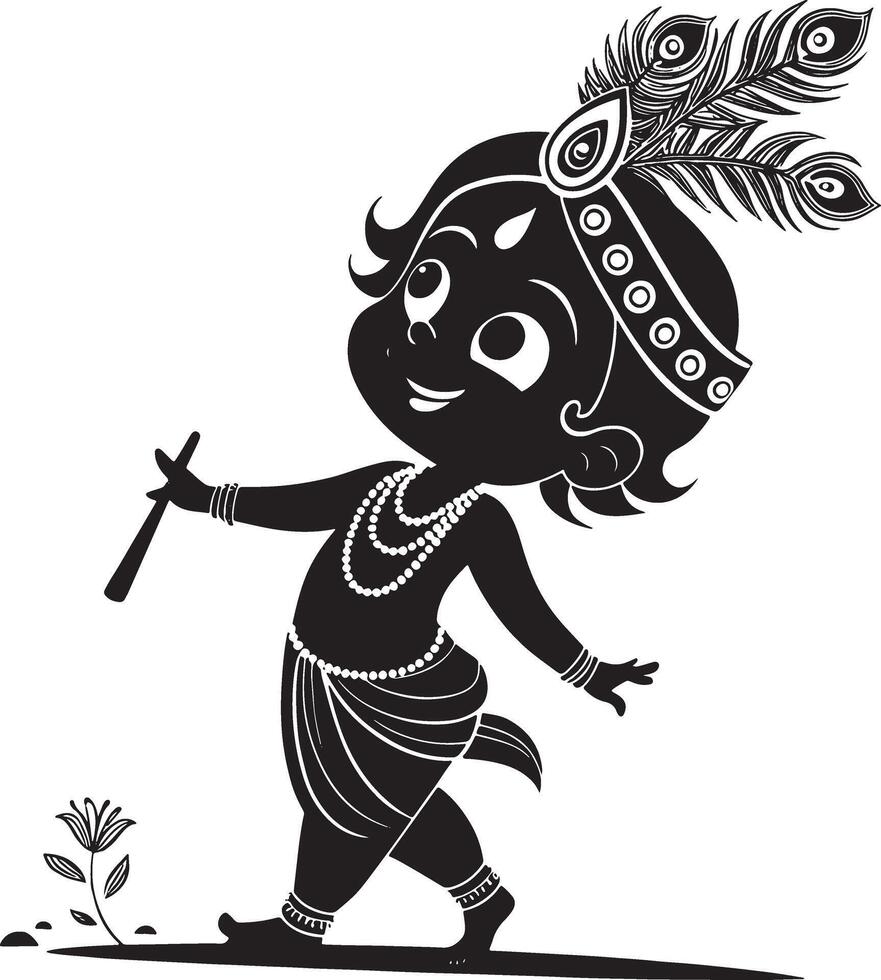 black and white illustration of a little indian boy holding a stick vector